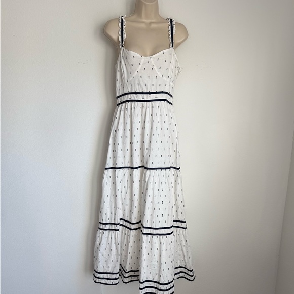 NWT $99 White and Navy Women's Flowy Maxi Dress Ruffles Boho Cut Out Size Large - Picture 2 of 7